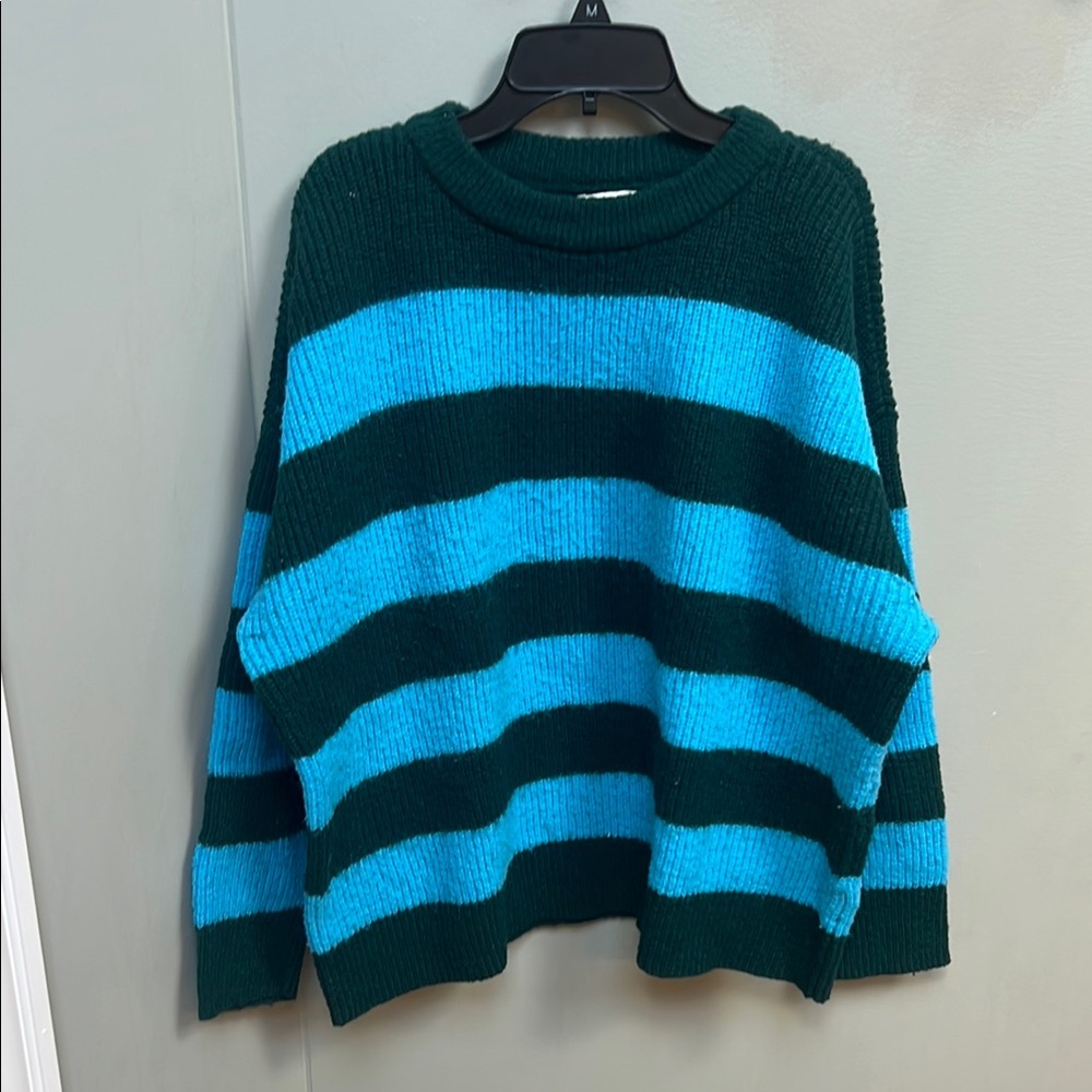 Green and Blue Crew Neck Striped Sweater